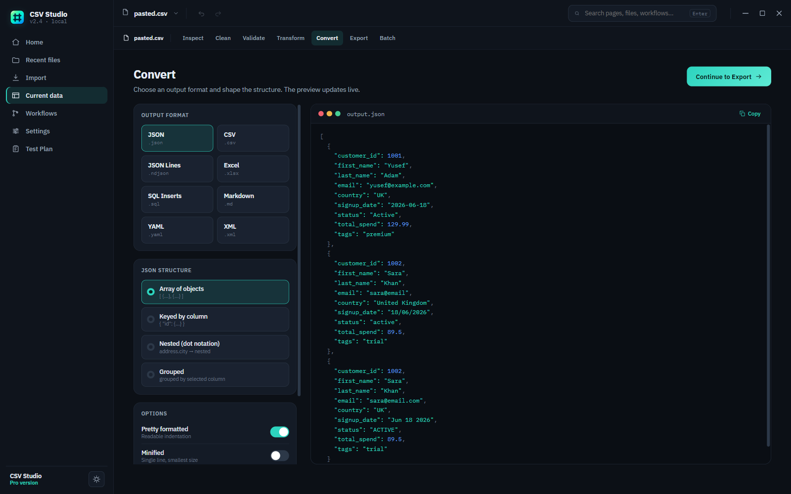 CSV Studio Pro Convert screen showing a CSV file being converted to structured JSON with a live preview